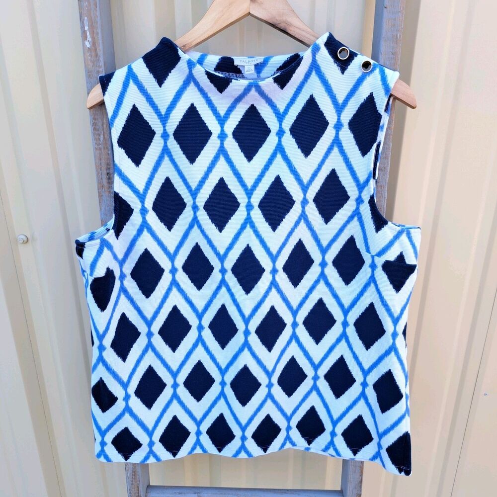 Talbots High Neck Button Shoulder Diamond Blue White Print XL Tank Top Shirt